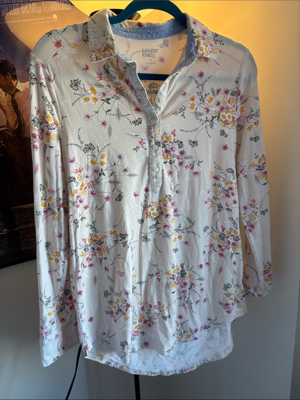 Lands' End Cream Floral Button-Front Long-Sleeve Polo